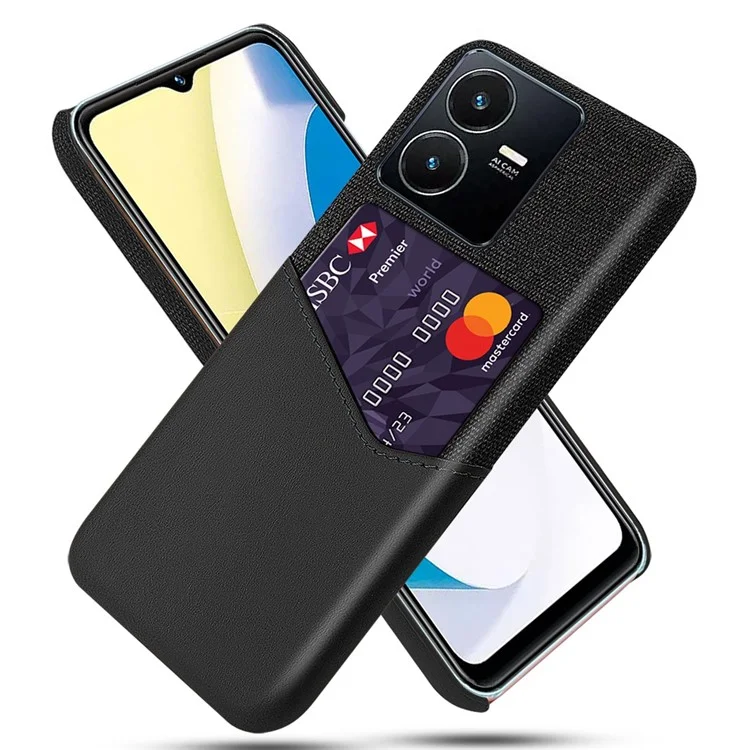 Para vivo Y22s 4G / Y35 4G (2022) / Y22 4G Anti-Fall Shockproof Case Cloth Texture Phone Case Card Holder PU Leather Coated PC Cover - Preto