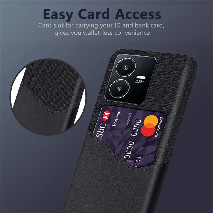Para vivo Y22s 4G / Y35 4G (2022) / Y22 4G Anti-Fall Shockproof Case Cloth Texture Phone Case Card Holder PU Leather Coated PC Cover - Preto