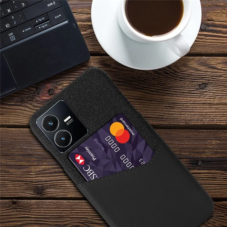Para vivo Y22s 4G / Y35 4G (2022) / Y22 4G Anti-Fall Shockproof Case Cloth Texture Phone Case Card Holder PU Leather Coated PC Cover - Preto