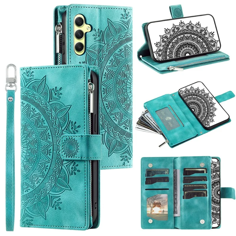 For Samsung Galaxy S26 Wallet Case Mandala Flower Pattern PU Leather Phone Cover with Wrist Strap - Mint Green