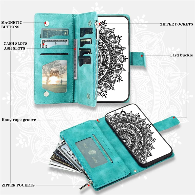 For Samsung Galaxy S26 Wallet Case Mandala Flower Pattern PU Leather Phone Cover with Wrist Strap - Mint Green