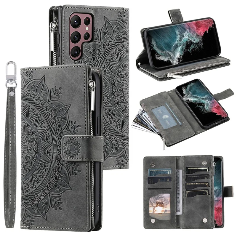 For Samsung Galaxy S26 Ultra Wallet Case Mandala Flower Pattern PU Leather Phone Cover with Wrist Strap - Grey