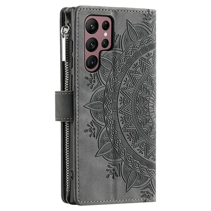 For Samsung Galaxy S26 Ultra Wallet Case Mandala Flower Pattern PU Leather Phone Cover with Wrist Strap - Grey