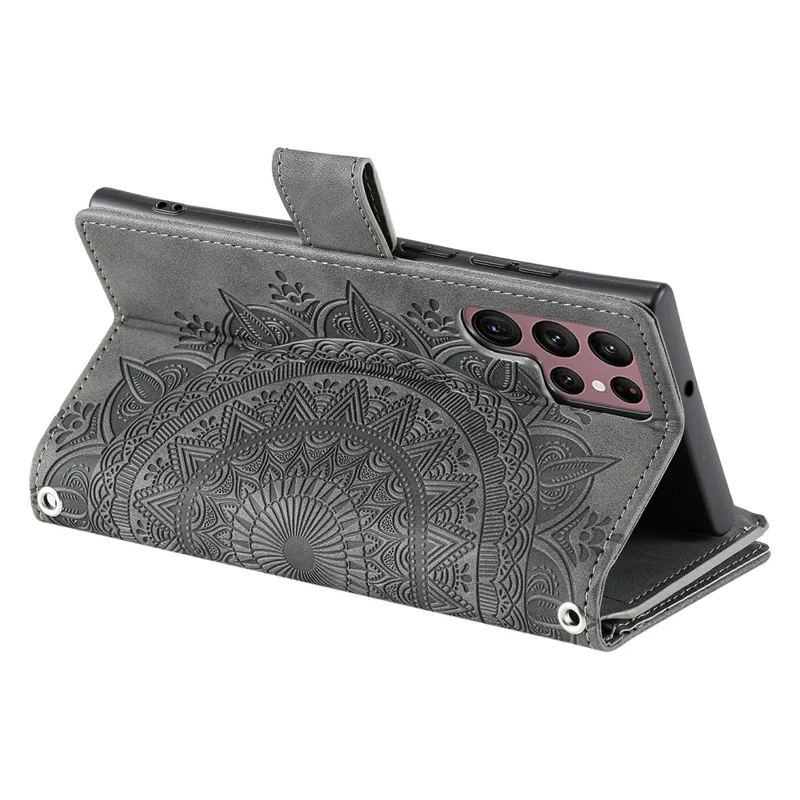 For Samsung Galaxy S26 Ultra Wallet Case Mandala Flower Pattern PU Leather Phone Cover with Wrist Strap - Grey