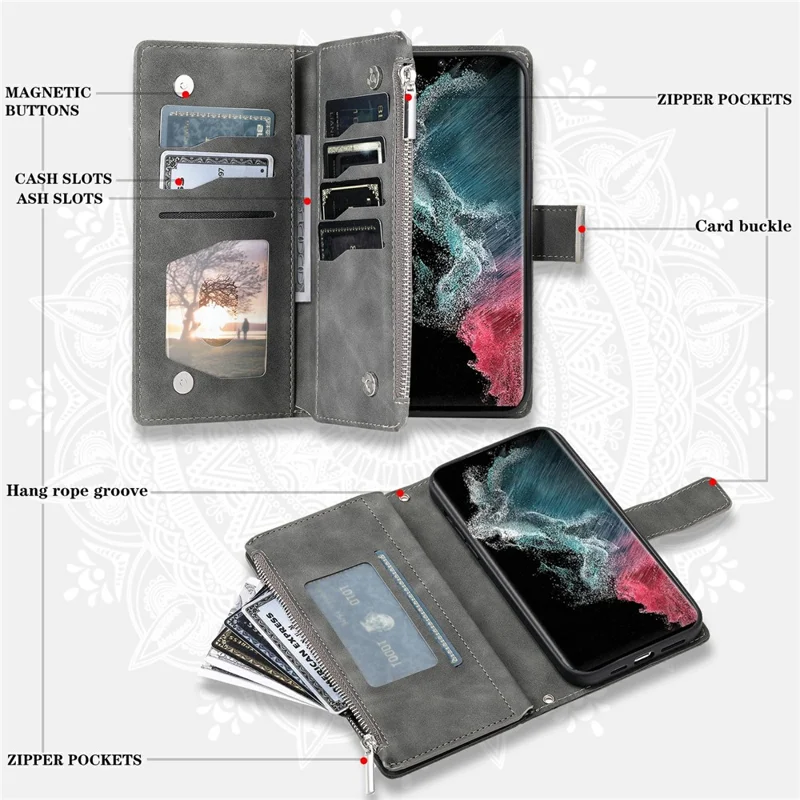 For Samsung Galaxy S26 Ultra Wallet Case Mandala Flower Pattern PU Leather Phone Cover with Wrist Strap - Grey