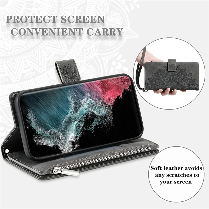 For Samsung Galaxy S26 Ultra Wallet Case Mandala Flower Pattern PU Leather Phone Cover with Wrist Strap - Grey