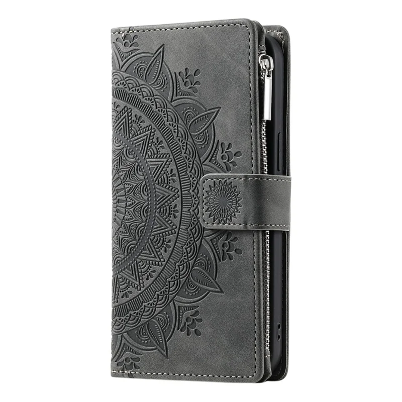 For Samsung Galaxy S26 Ultra Wallet Case Mandala Flower Pattern PU Leather Phone Cover with Wrist Strap - Grey
