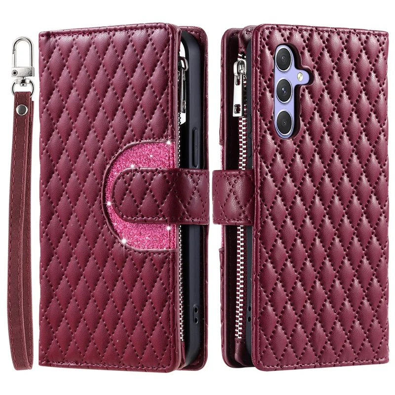 For Samsung Galaxy S26 Case Zipper Pocket Glitter Leather Phone Cover with Wrist Strap - Wine Red