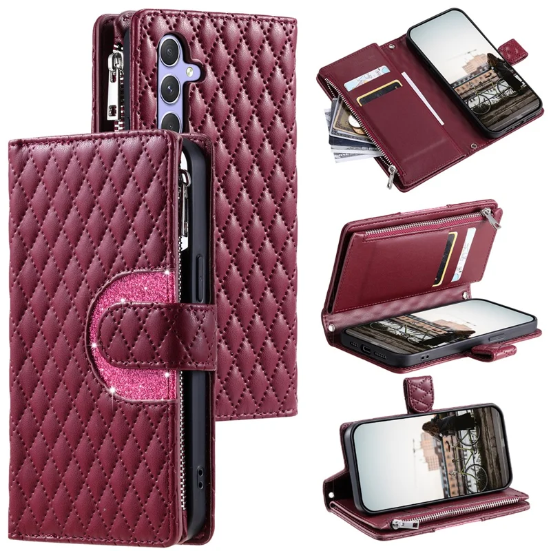For Samsung Galaxy S26 Case Zipper Pocket Glitter Leather Phone Cover with Wrist Strap - Wine Red