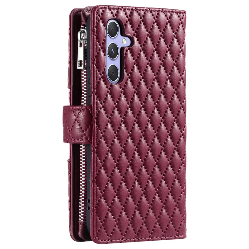 For Samsung Galaxy S26 Case Zipper Pocket Glitter Leather Phone Cover with Wrist Strap - Wine Red
