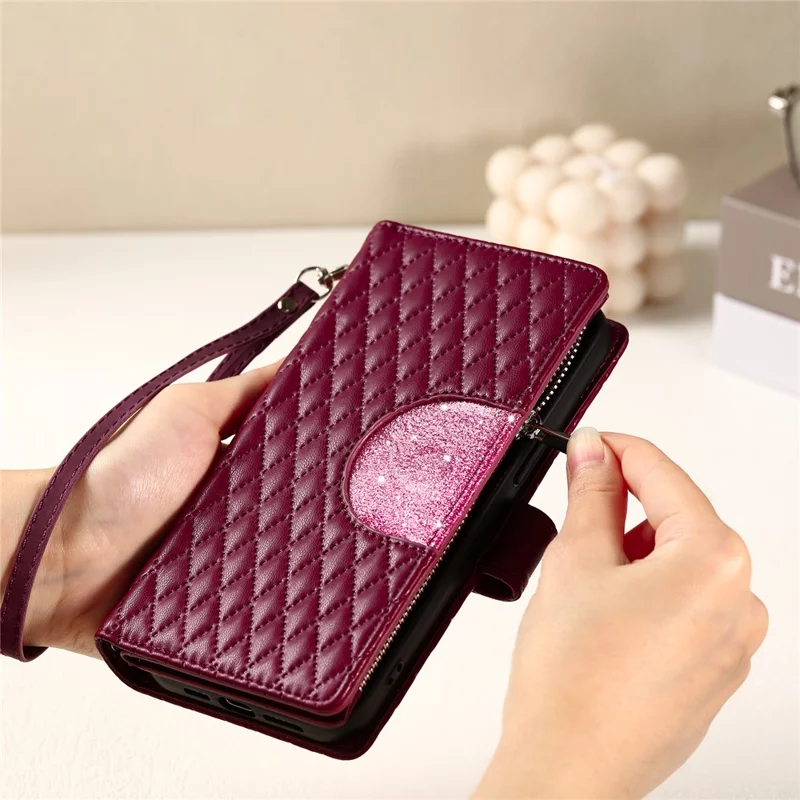 For Samsung Galaxy S26 Case Zipper Pocket Glitter Leather Phone Cover with Wrist Strap - Wine Red