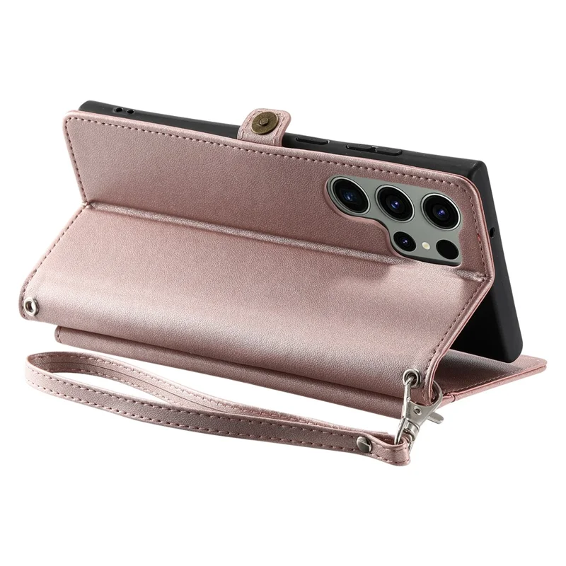 Leer hoesje voor Samsung Galaxy S26 Ultra met polsbandje, portemonnee en standaard - Roze goud