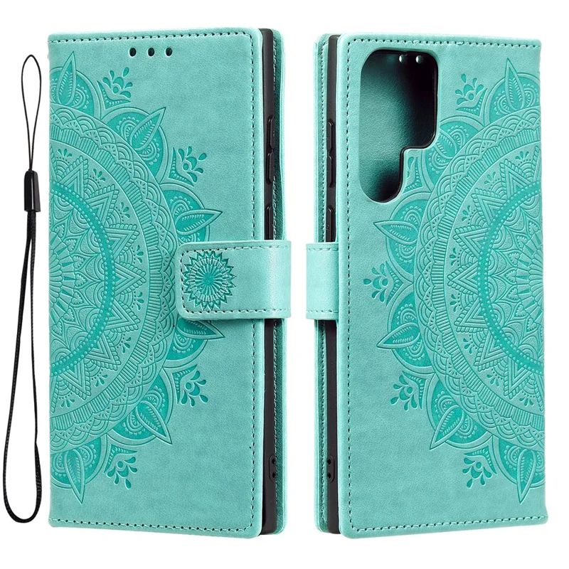 Capa de Celular Samsung Galaxy S26 Ultra Stand Case Imprinted Totem em Couro PU com Alça de Pulso - Verde Menta