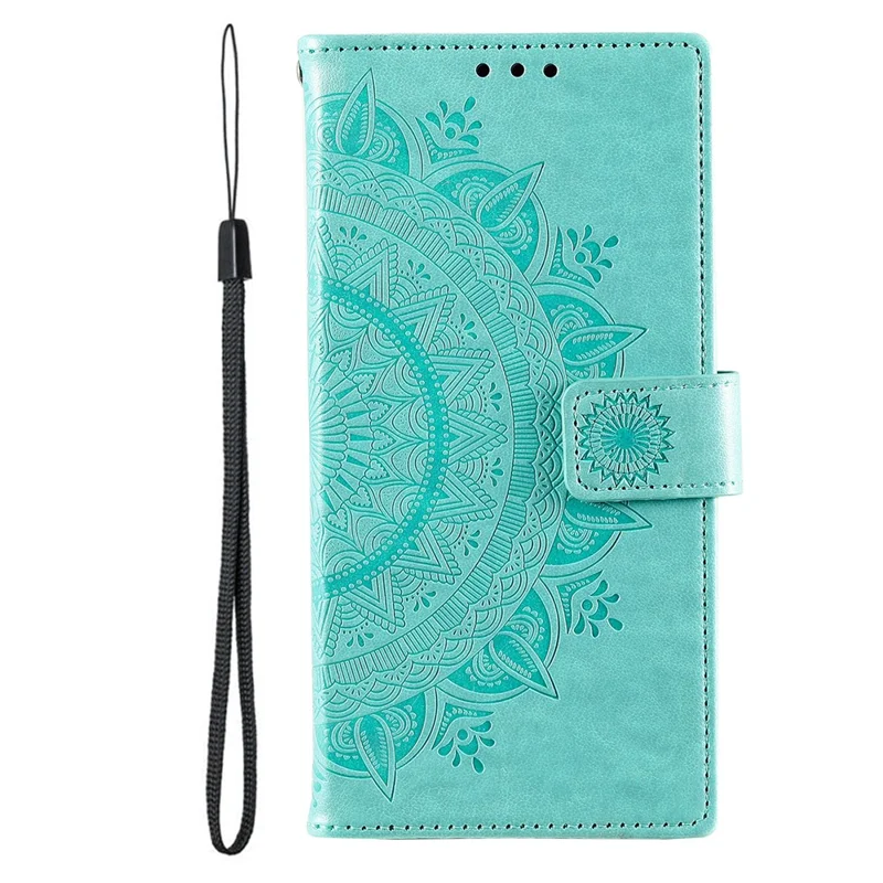 Capa de Celular Samsung Galaxy S26 Ultra Stand Case Imprinted Totem em Couro PU com Alça de Pulso - Verde Menta