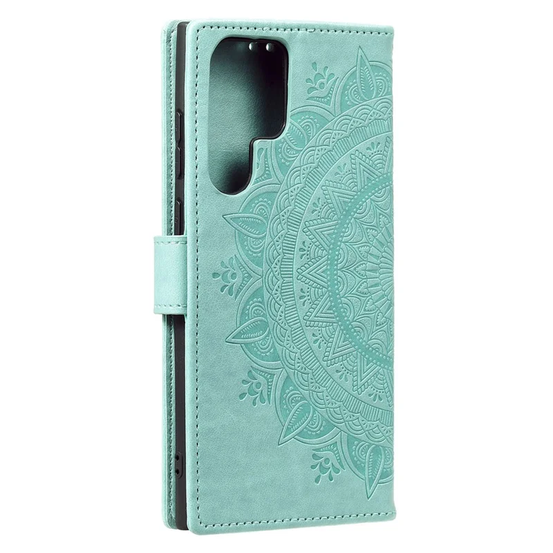 Capa de Celular Samsung Galaxy S26 Ultra Stand Case Imprinted Totem em Couro PU com Alça de Pulso - Verde Menta