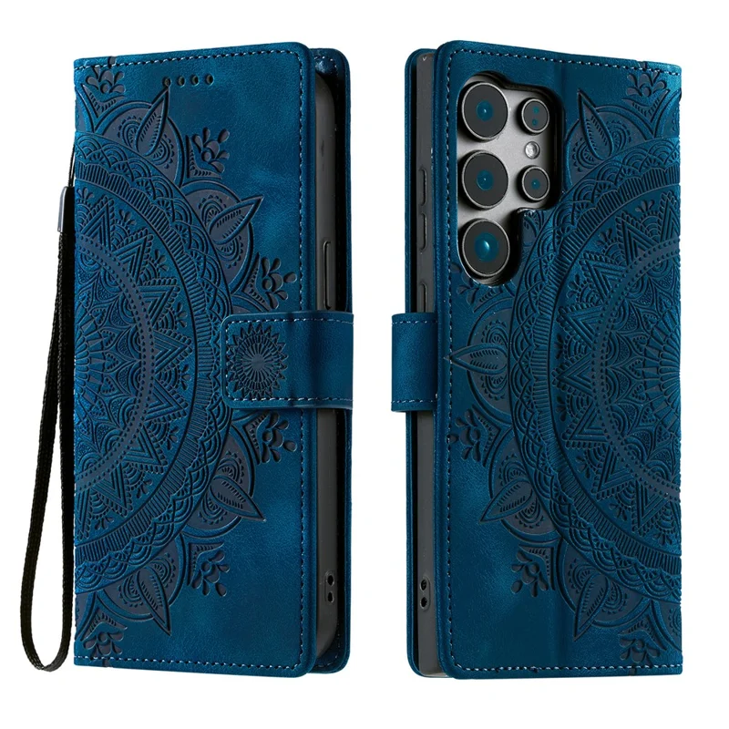 For Samsung Galaxy S26 Ultra Case Imprinted Totem Skin Feel Wallet Leather Phone Cover with Hand Strap - Blue