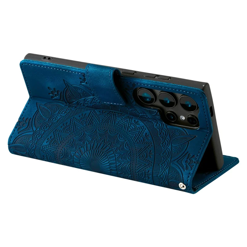 For Samsung Galaxy S26 Ultra Case Imprinted Totem Skin Feel Wallet Leather Phone Cover with Hand Strap - Blue