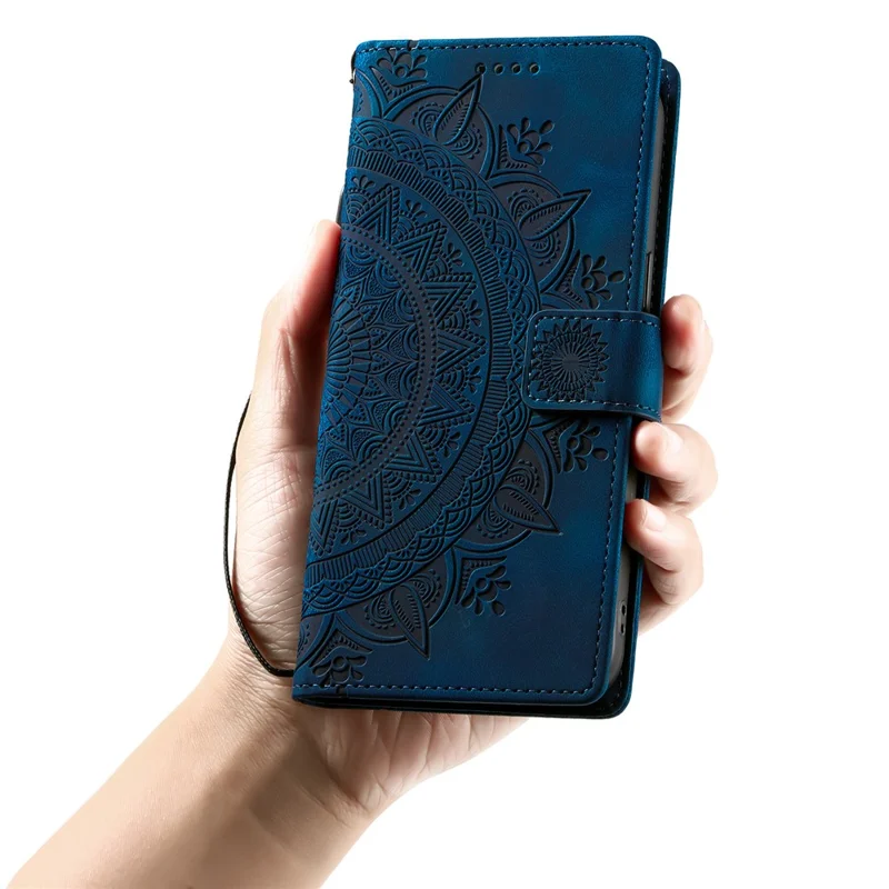 For Samsung Galaxy S26 Ultra Case Imprinted Totem Skin Feel Wallet Leather Phone Cover with Hand Strap - Blue