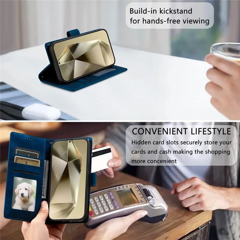 For Samsung Galaxy S26 Ultra Case Imprinted Totem Skin Feel Wallet Leather Phone Cover with Hand Strap - Blue