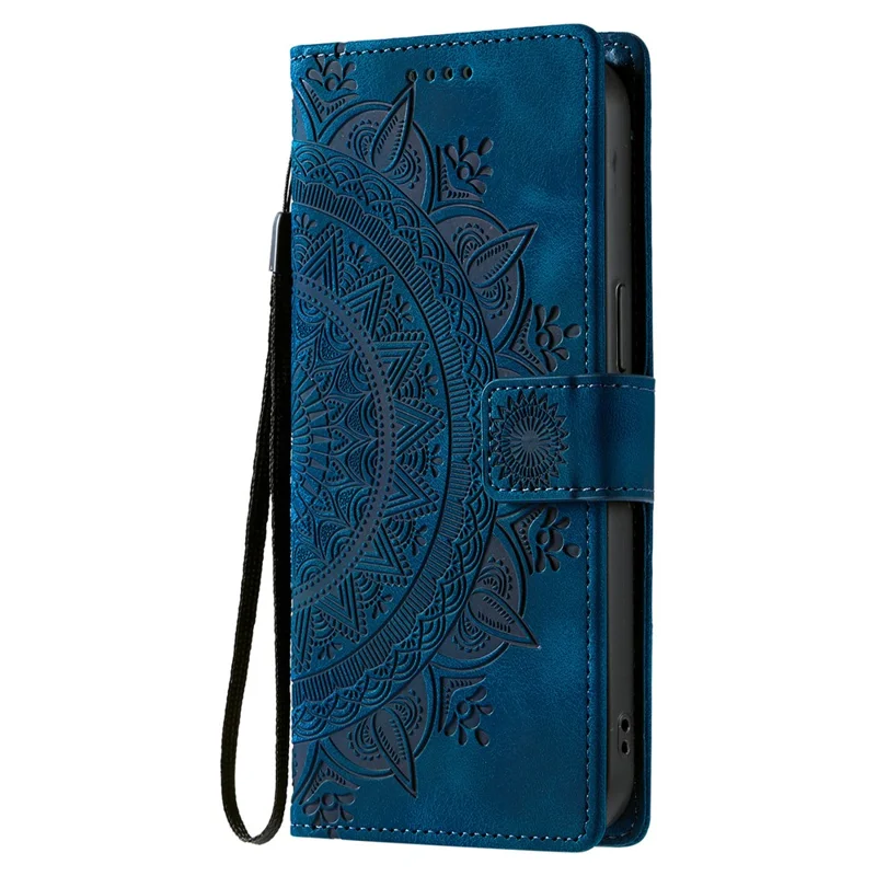 For Samsung Galaxy S26 Ultra Case Imprinted Totem Skin Feel Wallet Leather Phone Cover with Hand Strap - Blue