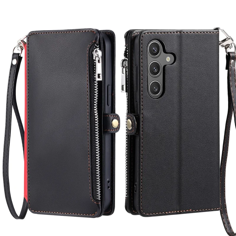 For Samsung Galaxy S26 Case TPU + PU Leather Wallet Phone Cover with Wrist Strap - Black