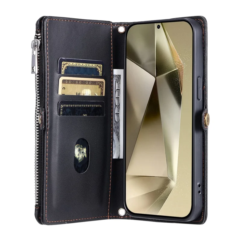 For Samsung Galaxy S26 Case TPU + PU Leather Wallet Phone Cover with Wrist Strap - Black
