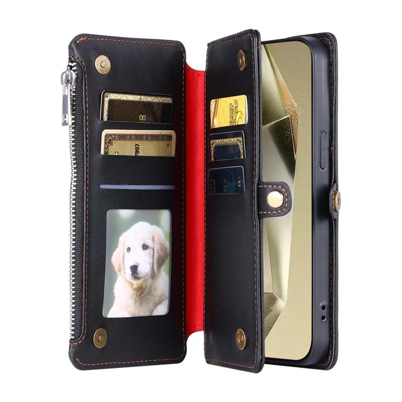 For Samsung Galaxy S26 Case TPU + PU Leather Wallet Phone Cover with Wrist Strap - Black