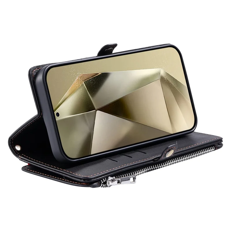 For Samsung Galaxy S26 Case TPU + PU Leather Wallet Phone Cover with Wrist Strap - Black