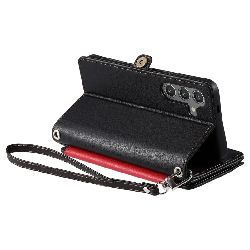 For Samsung Galaxy S26 Case TPU + PU Leather Wallet Phone Cover with Wrist Strap - Black