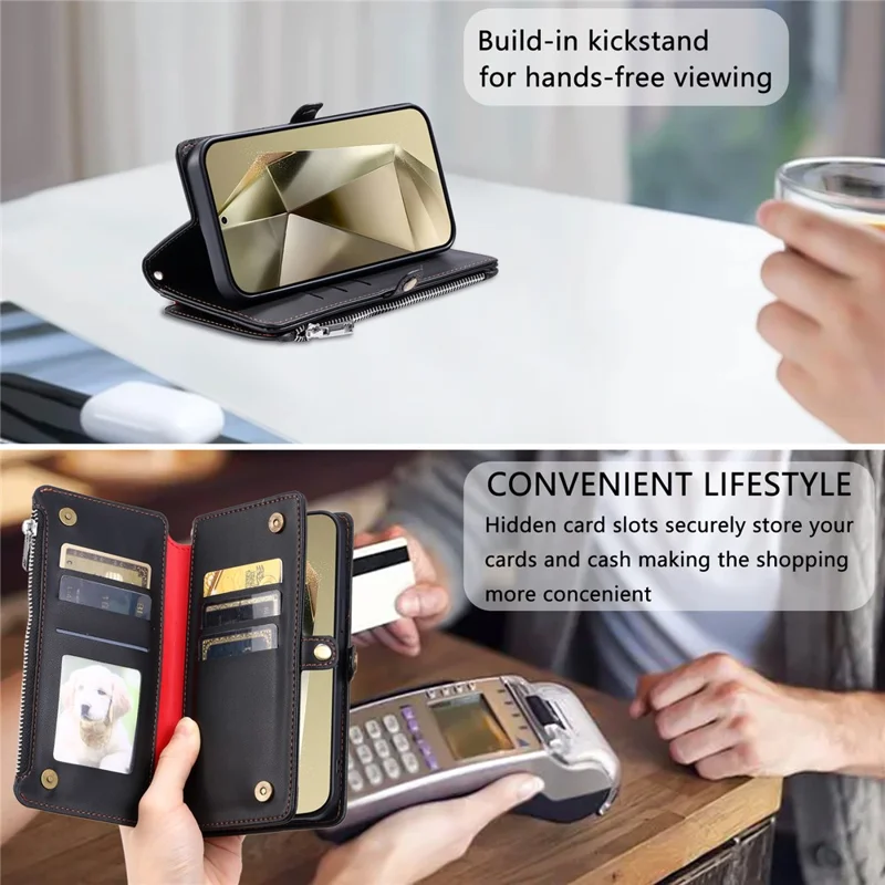 For Samsung Galaxy S26 Case TPU + PU Leather Wallet Phone Cover with Wrist Strap - Black