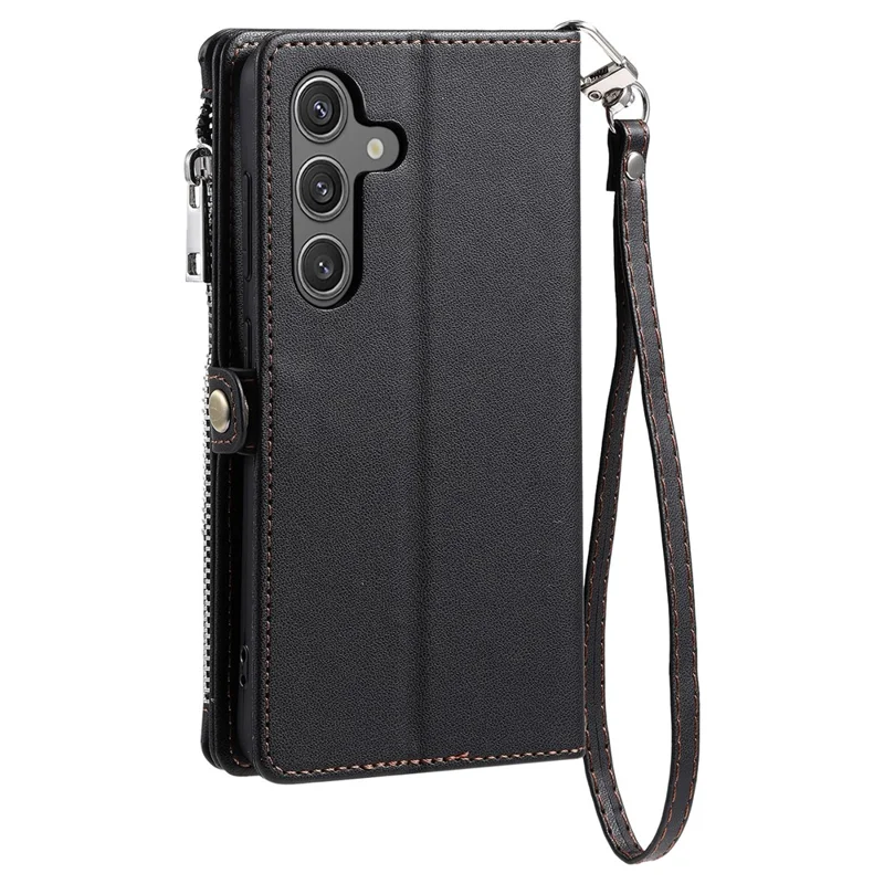 For Samsung Galaxy S26 Case TPU + PU Leather Wallet Phone Cover with Wrist Strap - Black