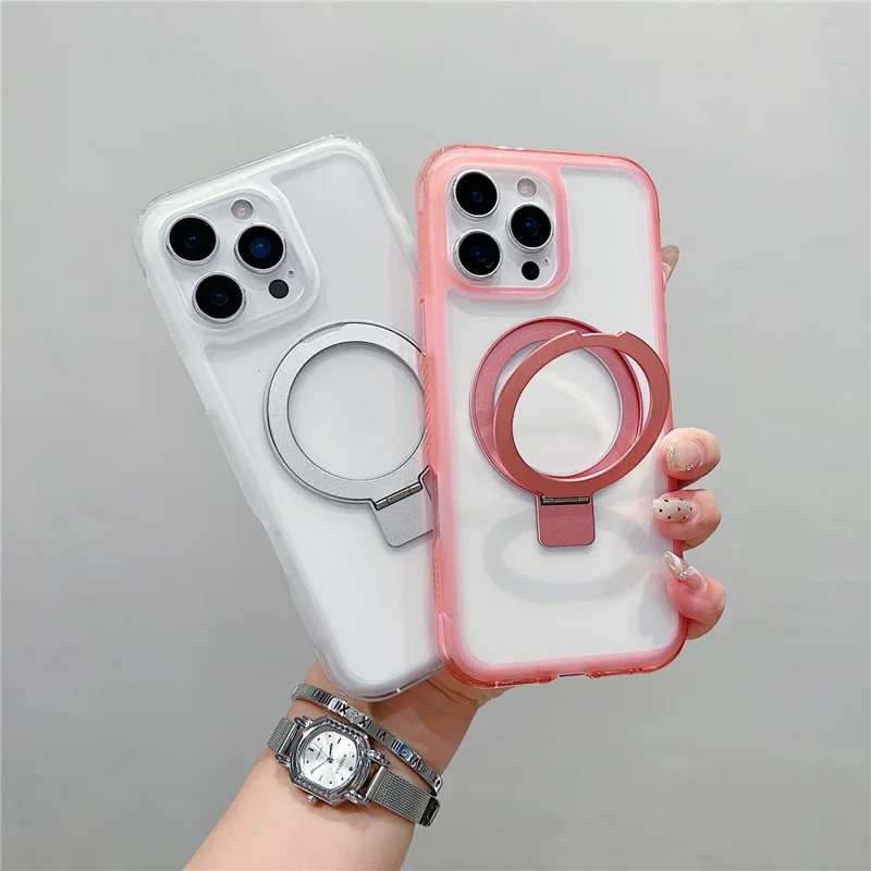 Étui iPhone 16 Pro Max Compatible avec MagSafe Kickstand Clear TPU PC Housse de téléphone - Rose