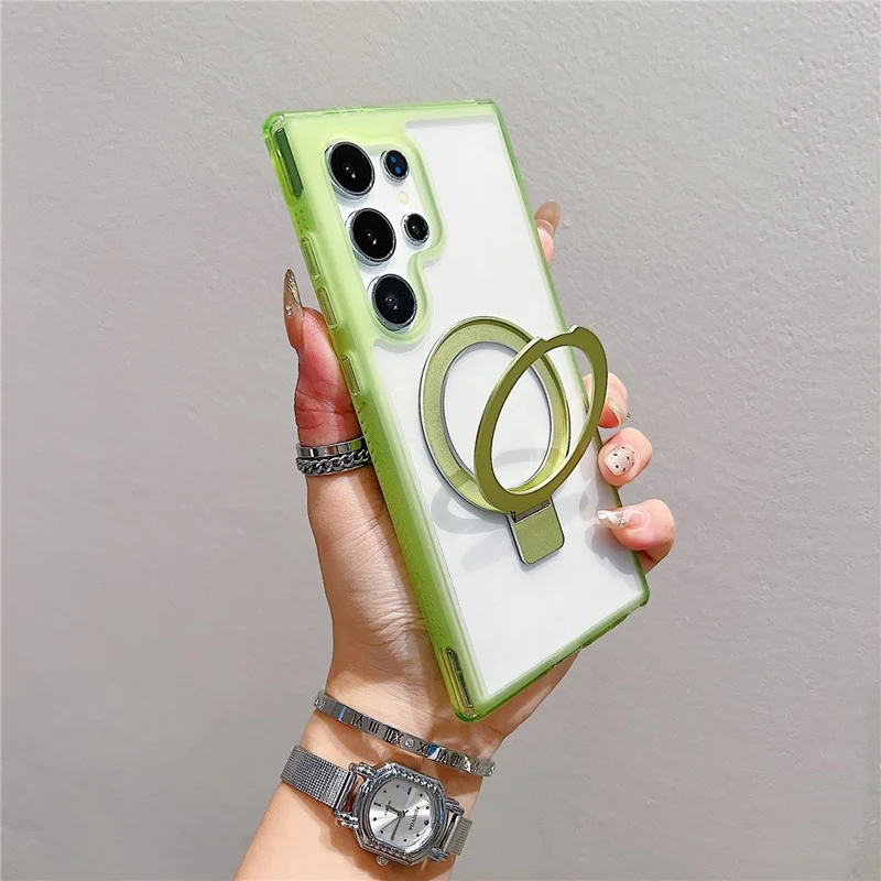 For Samsung Galaxy S25 Ultra Magnetic Case Kickstand Clear TPU PC Phone Back Cover - Matcha Green