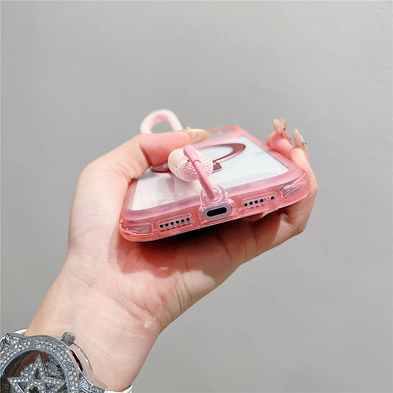 For iPhone 17 Pro Case Compatible with MagSafe Kickstand Clear TPU PC Phone Back Cover with Wrist Strap - Pink