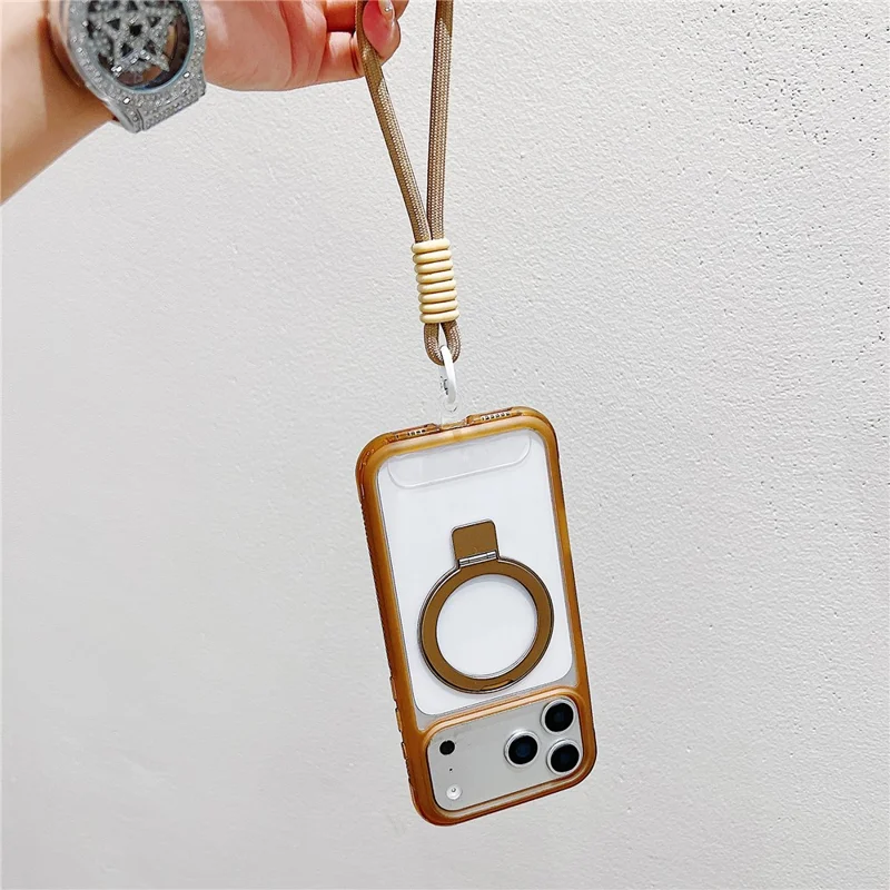 For iPhone 17 Pro Case Compatible with MagSafe Kickstand Clear TPU PC Phone Back Cover with Wrist Strap - Pink