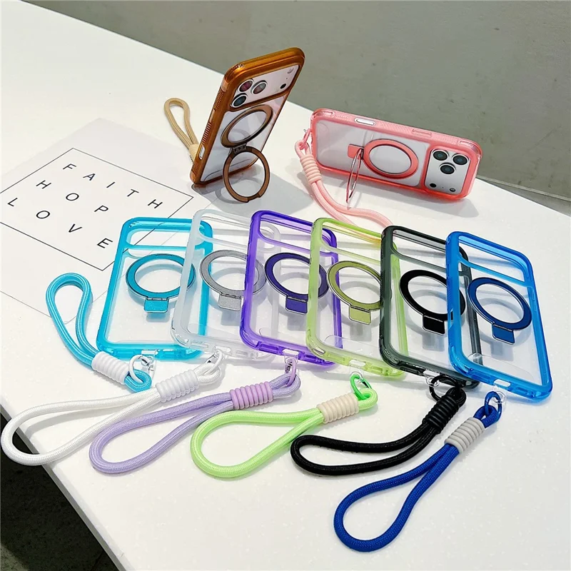 For iPhone 17 Pro Case Compatible with MagSafe Kickstand Clear TPU PC Phone Back Cover with Wrist Strap - Pink