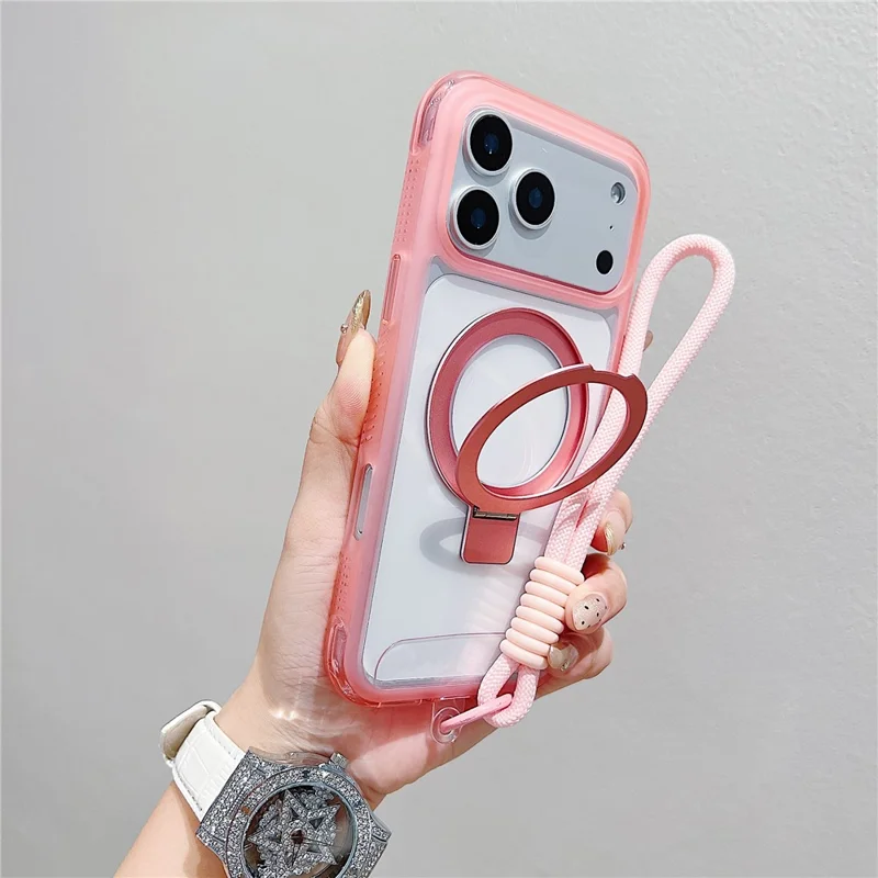 Étui iPhone 17 Pro Max Compatible avec MagSafe Support de Pied Coque de Téléphone Arrière en TPU PC Transparent avec Dragonne - Rose
