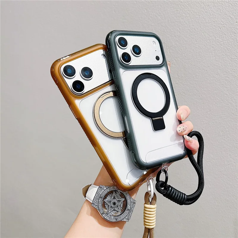 Étui iPhone 17 Pro Max Compatible avec MagSafe Support de Pied Coque de Téléphone Arrière en TPU PC Transparent avec Dragonne - Rose