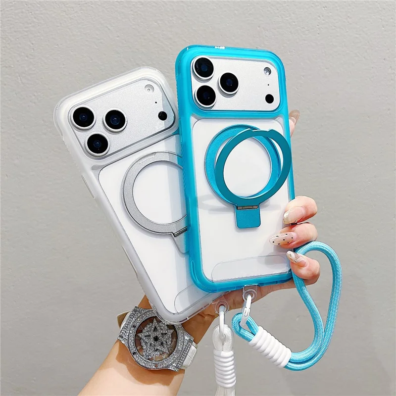 Étui iPhone 17 Pro Max Compatible avec MagSafe Support de Pied Coque de Téléphone Arrière en TPU PC Transparent avec Dragonne - Rose