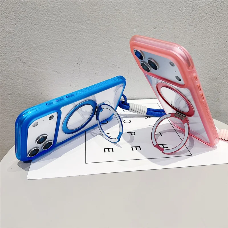 Étui iPhone 17 Pro Max Compatible avec MagSafe Support de Pied Coque de Téléphone Arrière en TPU PC Transparent avec Dragonne - Rose