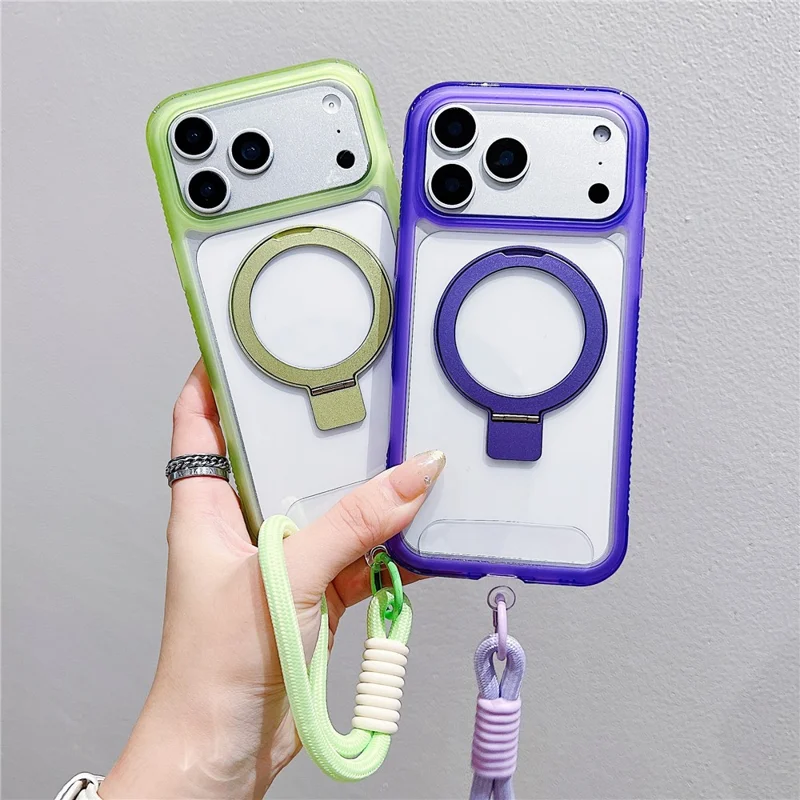 Étui iPhone 17 Pro Max Compatible avec MagSafe Support de Pied Coque de Téléphone Arrière en TPU PC Transparent avec Dragonne - Rose