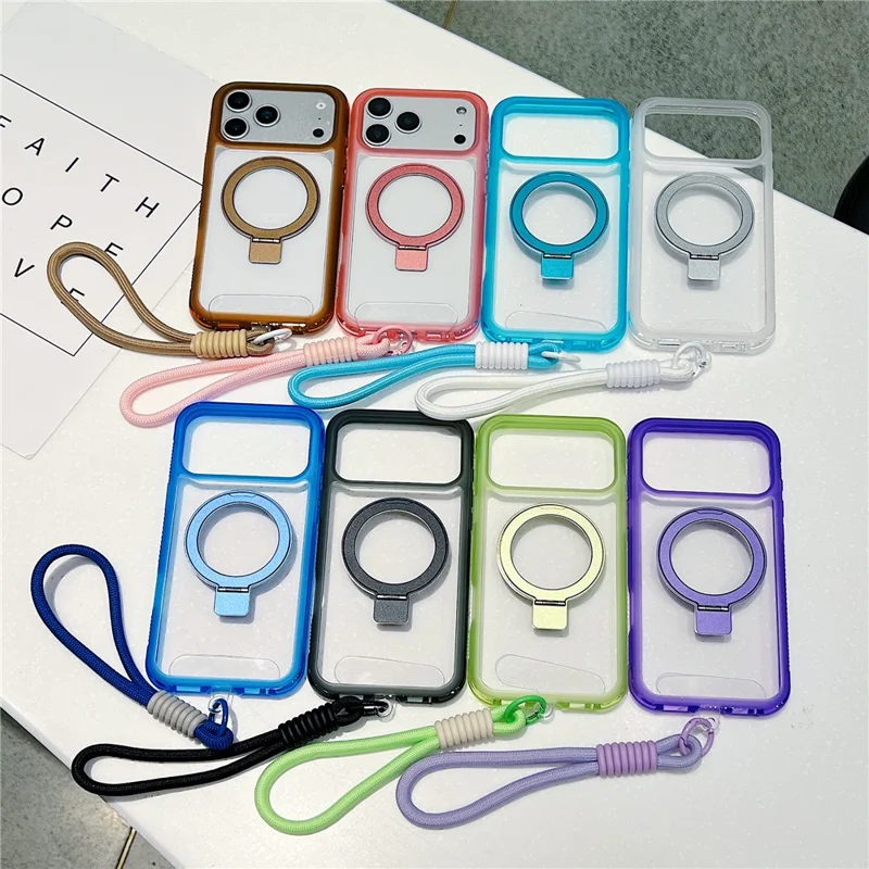 Étui iPhone 17 Pro Max Compatible avec MagSafe Support de Pied Coque de Téléphone Arrière en TPU PC Transparent avec Dragonne - Rose