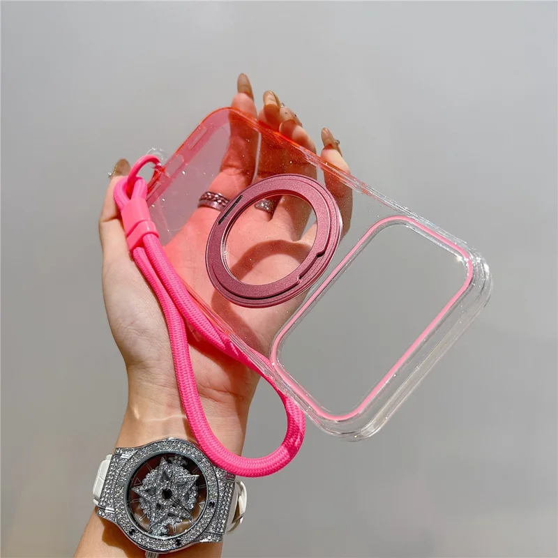iPhone 17 Pro Magnetische Hülle 360 Grad drehbarer Ring Ständer Gradient Klare TPU Handy-Rückseite mit Handgelenkschlaufe - Pink