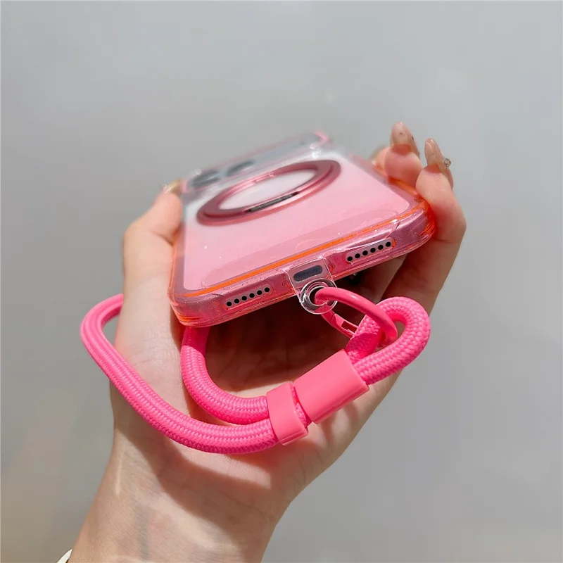 iPhone 17 Pro Magnetische Hülle 360 Grad drehbarer Ring Ständer Gradient Klare TPU Handy-Rückseite mit Handgelenkschlaufe - Pink