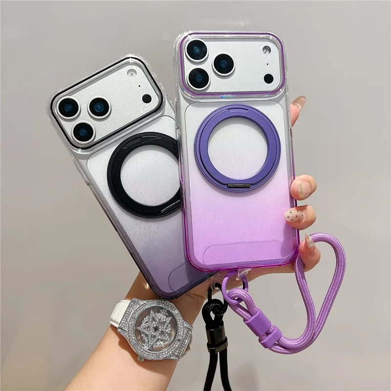 iPhone 17 Pro Magnetische Hülle 360 Grad drehbarer Ring Ständer Gradient Klare TPU Handy-Rückseite mit Handgelenkschlaufe - Pink