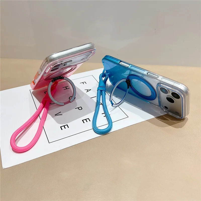 iPhone 17 Pro Magnetische Hülle 360 Grad drehbarer Ring Ständer Gradient Klare TPU Handy-Rückseite mit Handgelenkschlaufe - Pink