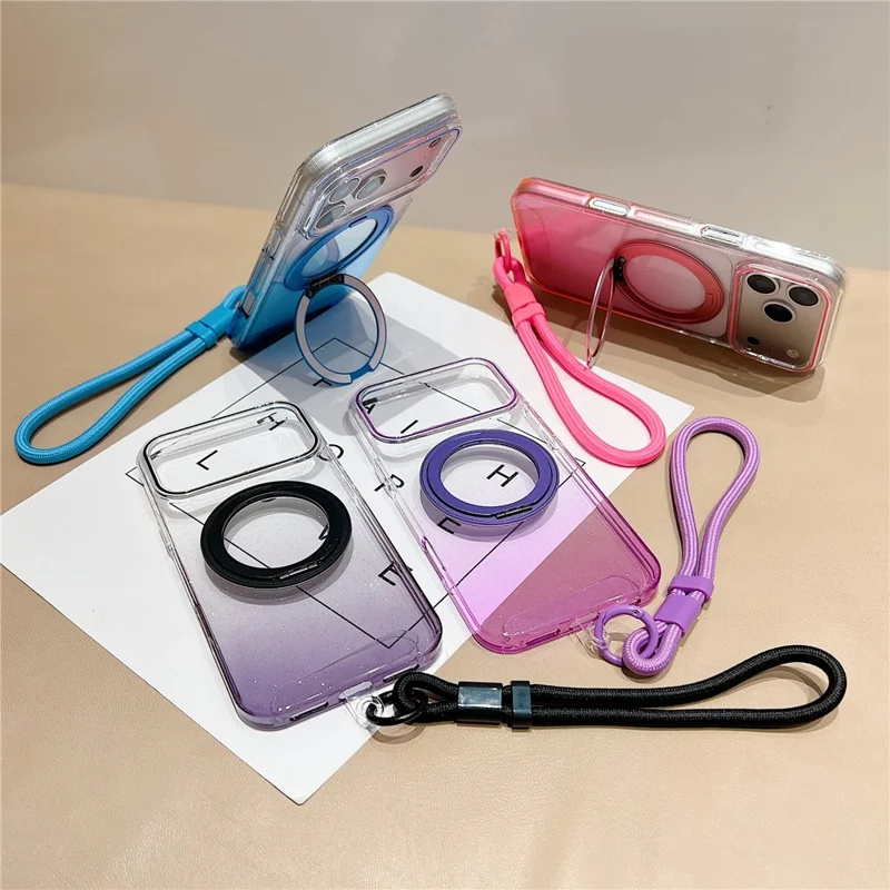 iPhone 17 Pro Magnetische Hülle 360 Grad drehbarer Ring Ständer Gradient Klare TPU Handy-Rückseite mit Handgelenkschlaufe - Pink