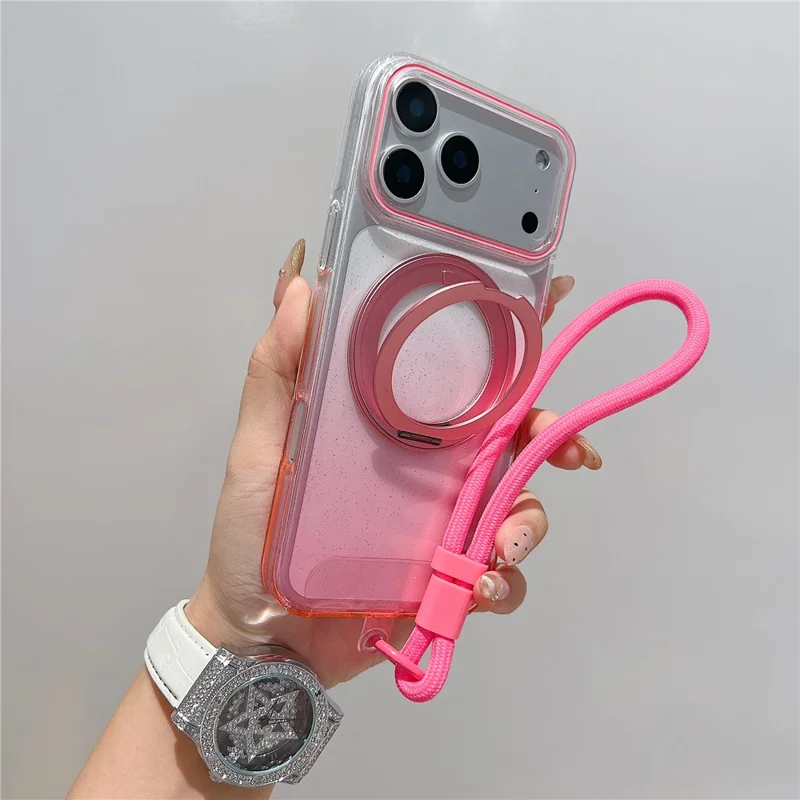 For iPhone 17 Pro Max Magnetic Case 360 Rotating Ring Kickstand Gradient Clear TPU Phone Back Cover with Wrist Strap - Pink