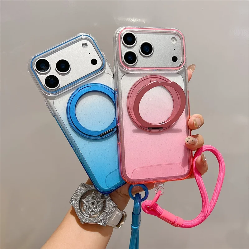 For iPhone 17 Pro Max Magnetic Case 360 Rotating Ring Kickstand Gradient Clear TPU Phone Back Cover with Wrist Strap - Pink