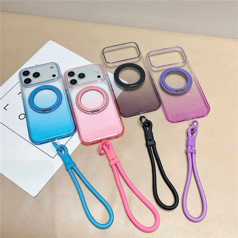 For iPhone 17 Pro Max Magnetic Case 360 Rotating Ring Kickstand Gradient Clear TPU Phone Back Cover with Wrist Strap - Pink